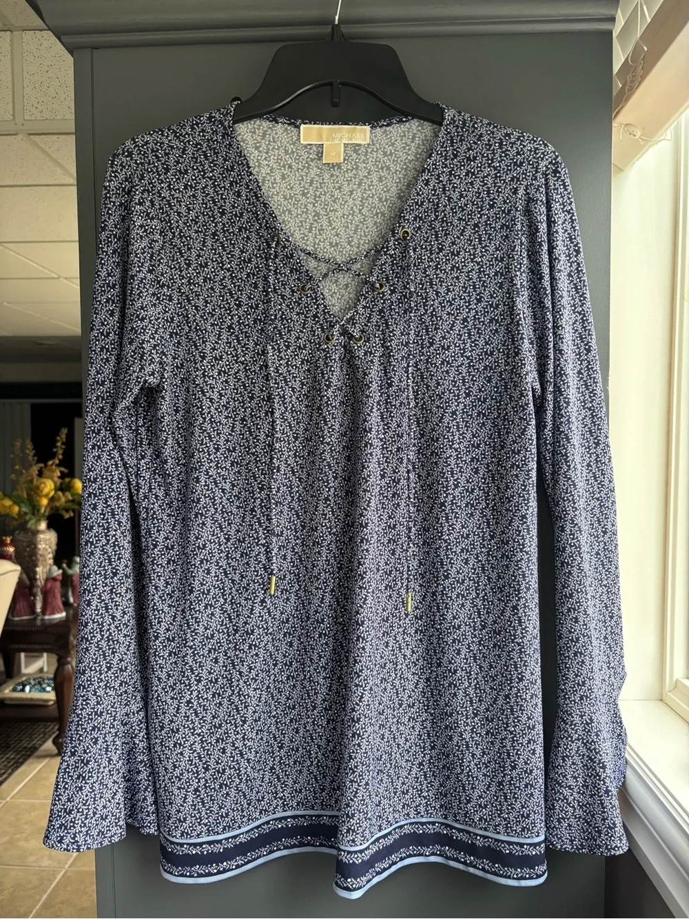 Michael Kors Navy Lace-Up Printed Long Sleeve Tunic
